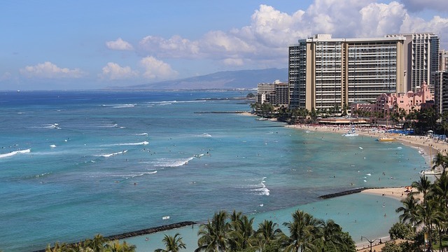 Santa statue with shaka sign amid palm trees in O'ahu