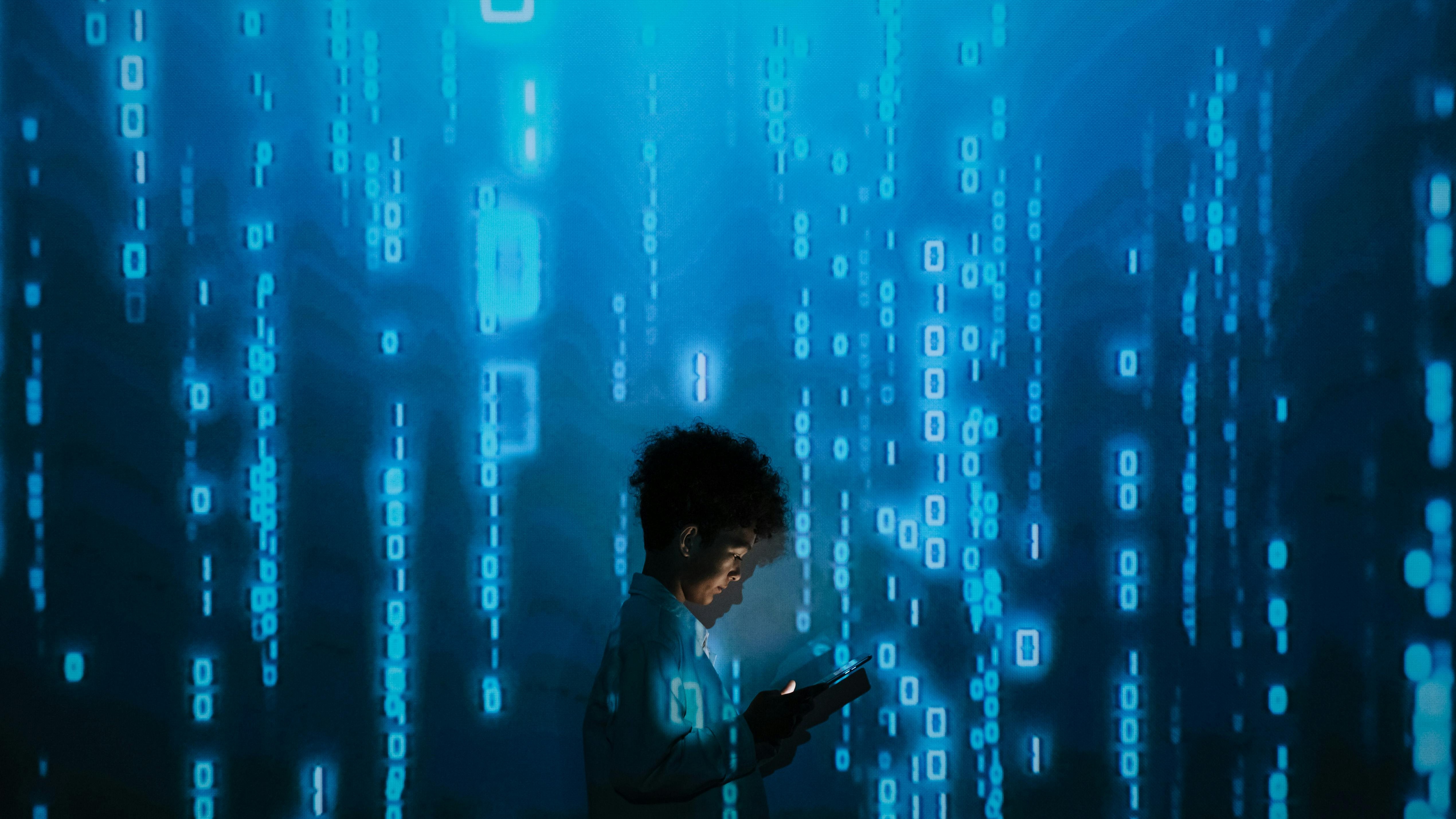 Human-centric AI voice models announcement in a colorful room.