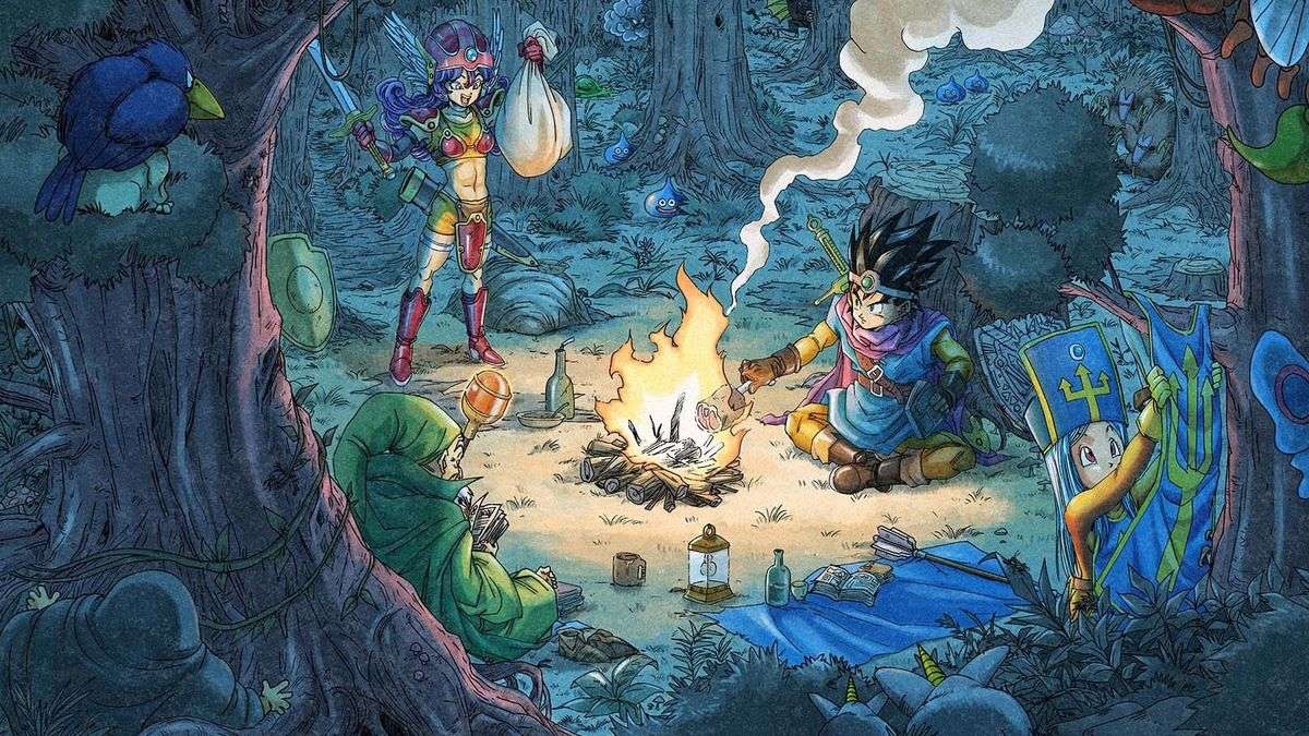Adventurers on stone platform in Dragon Quest I & II HD-2D Remake scene.