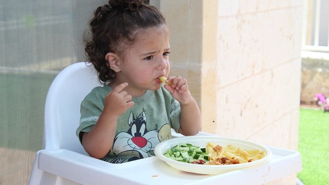 Toddler hand with purple plate and healthy food options for picky eaters.