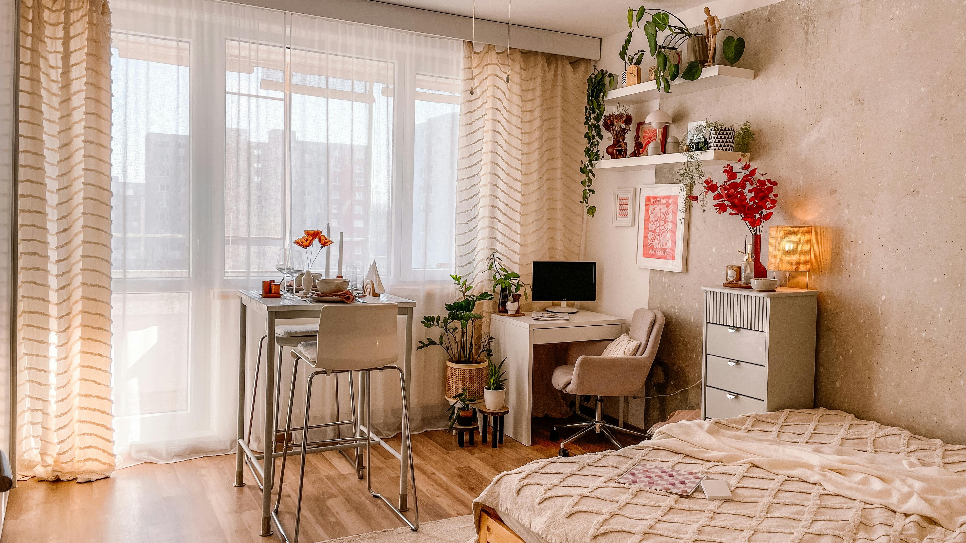 Small home office ideas with modern decor and cozy fireplace.