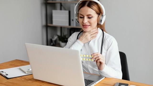AI-powered telehealth consultation with virtual doctor and patient.
