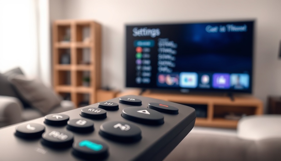 TV remote with streaming buttons in front of blurred settings menu.