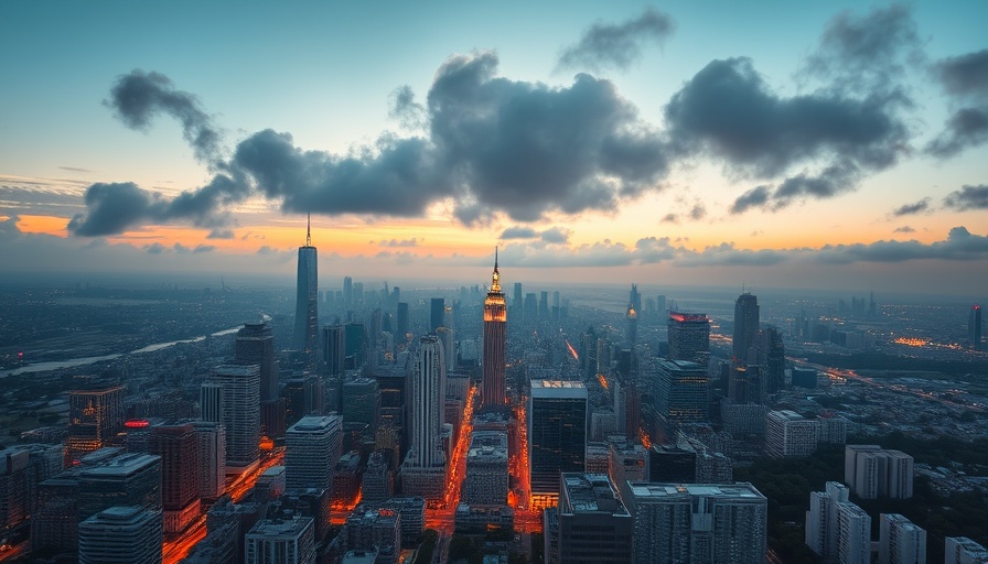Skyline seen through clouds at sunrise, symbolizing long-term business strategy.