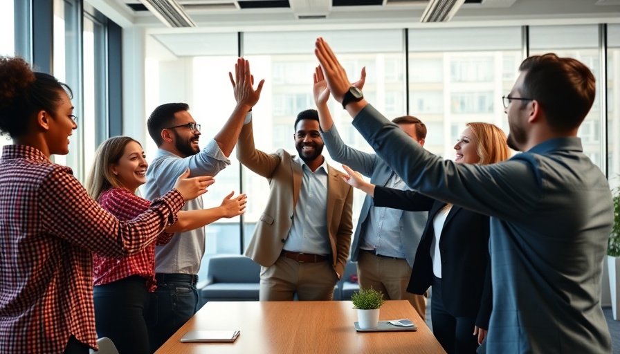 Team high-five in office reflects positive work environment.
