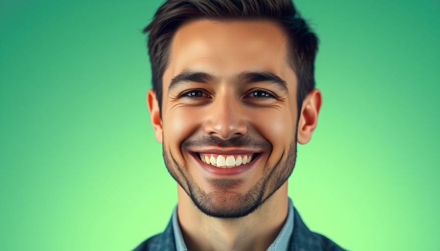 AI in the workplace concept with smiling man and gradient background.