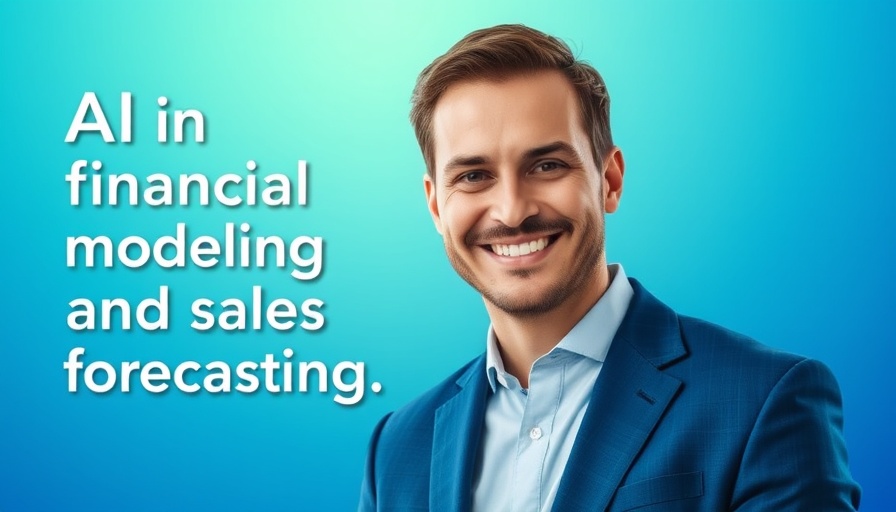 AI in financial modeling text with a smiling man in a suit, gradient background
