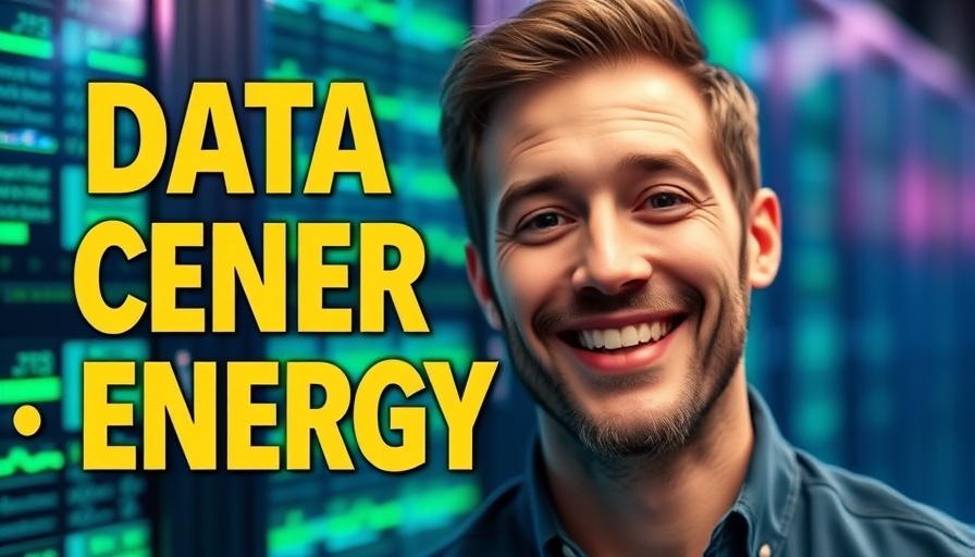 AI in the workplace concept with text and smiling man.
