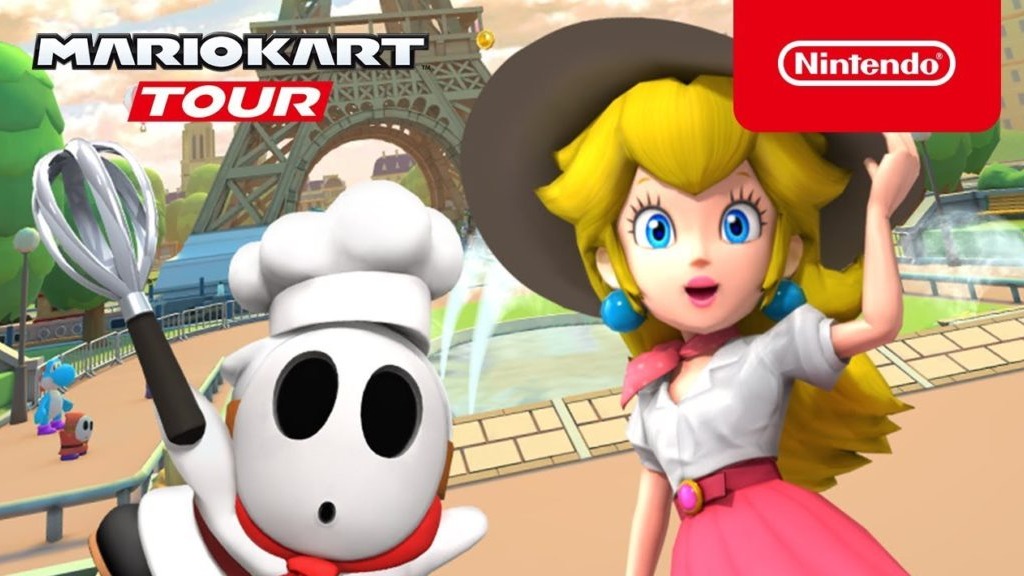 Princess Peach animated character reaching out, vibrant sky background.