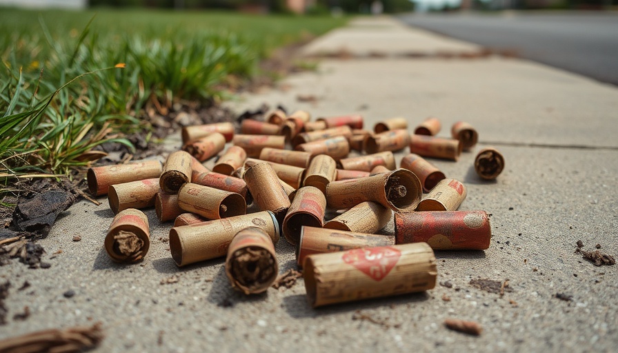Discarded fireworks emphasize environmental impact on sidewalk.