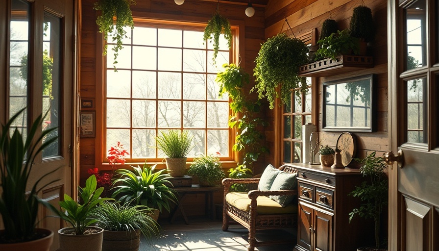 Charming small entryway with wooden decor and greenery solutions.