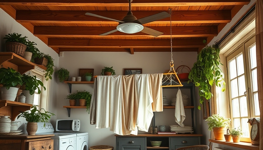 Upcycled pulley laundry drying rack in rustic room with plants.