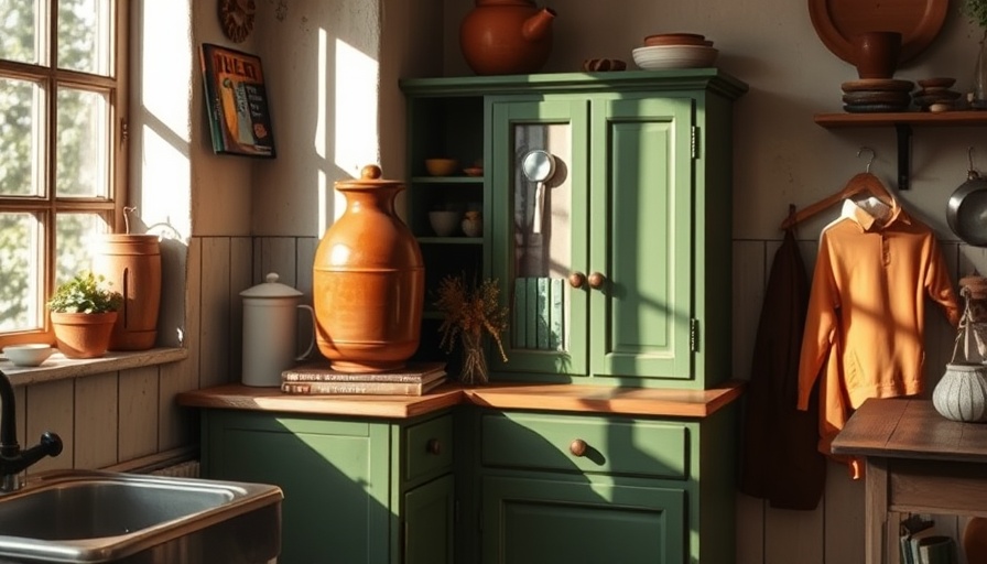Rustic kitchen with cabinet-side storage solutions and vintage decor.