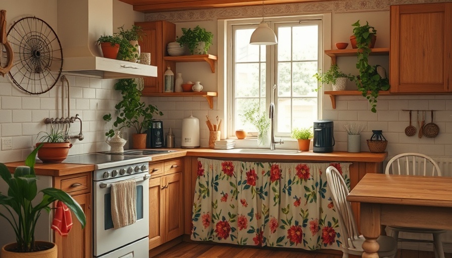 Upcycled kitchen counter skirt in a vintage kitchen setting.
