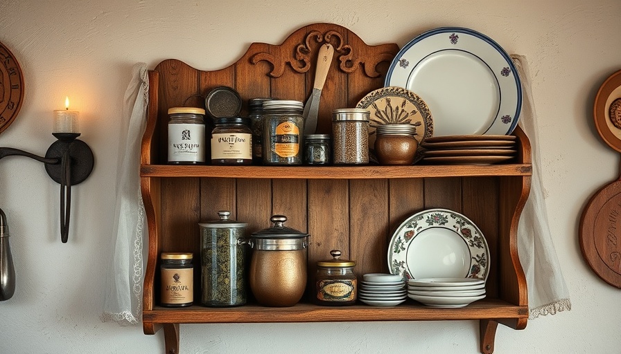 Upcycled spice rack wall with vintage decor and candle.