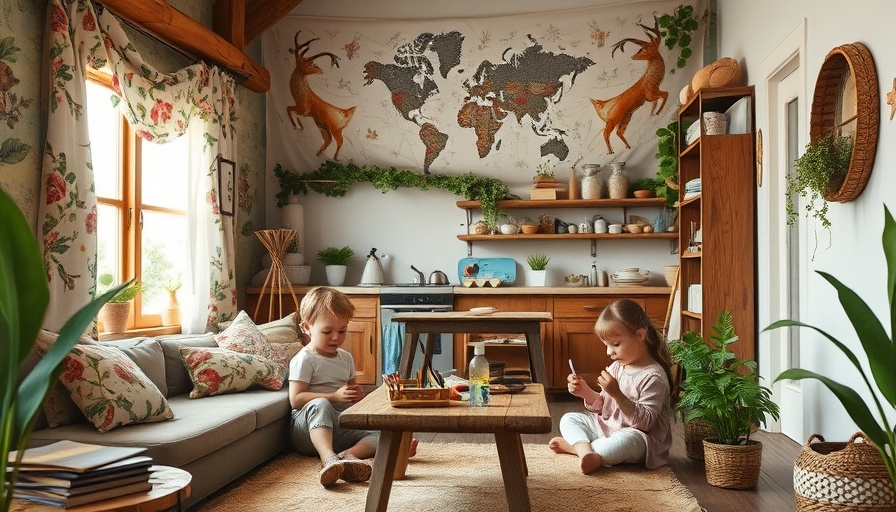 Woodland-inspired kids space with children drawing, rustic home interior