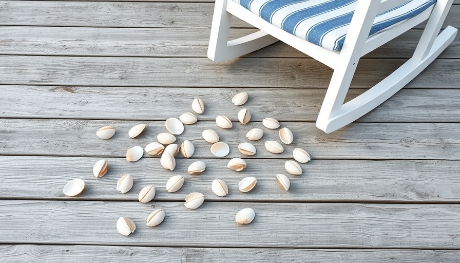 Razor clam shells on deck next to white chair for DIY pendant light.