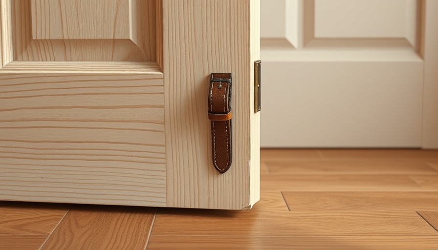 DIY wooden doorstop project with leather strap holding door.