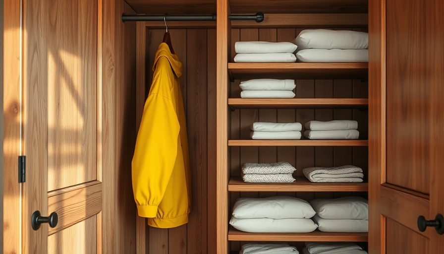 Cedar-lined closet with folded linens and yellow jacket.