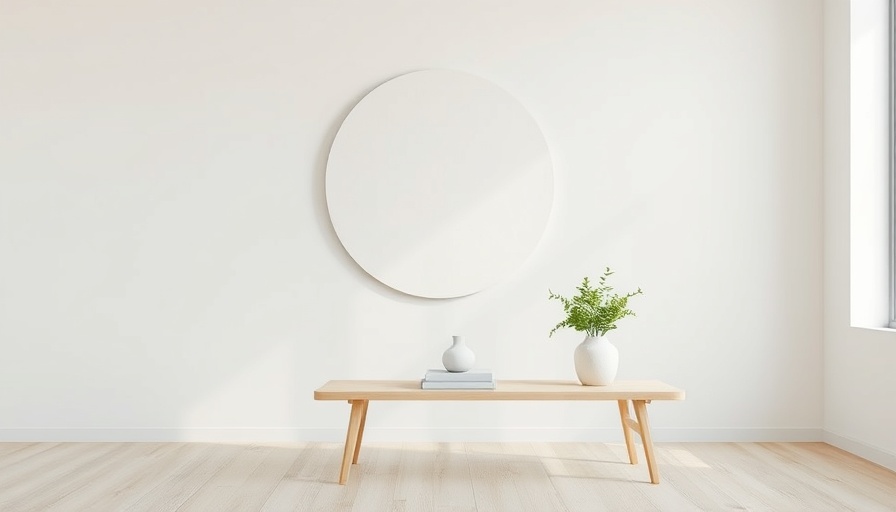 Minimalist room with painted circle wall decor and wooden table.