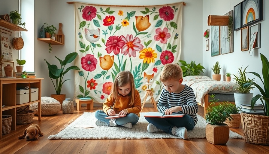 Woodland-inspired kids room with children drawing and floral decor.
