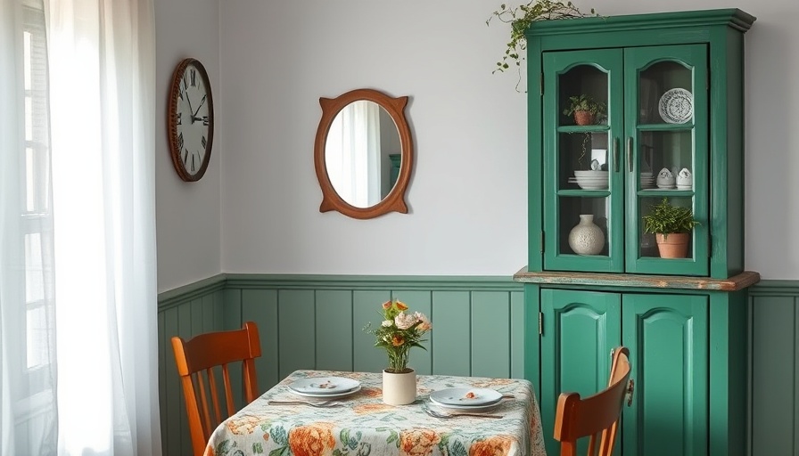 Charming dining area with rustic green cabinet and plant decor for small space ideas.