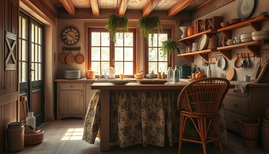 Rustic kitchen with upcycled kitchen counter skirt, warm sunlight.