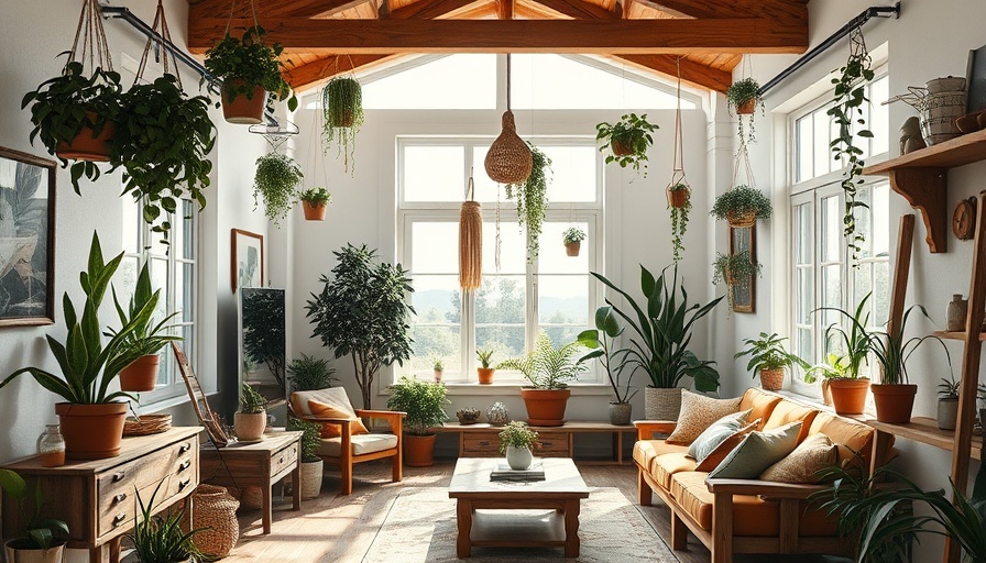 Cozy small space with plants and wooden furniture.