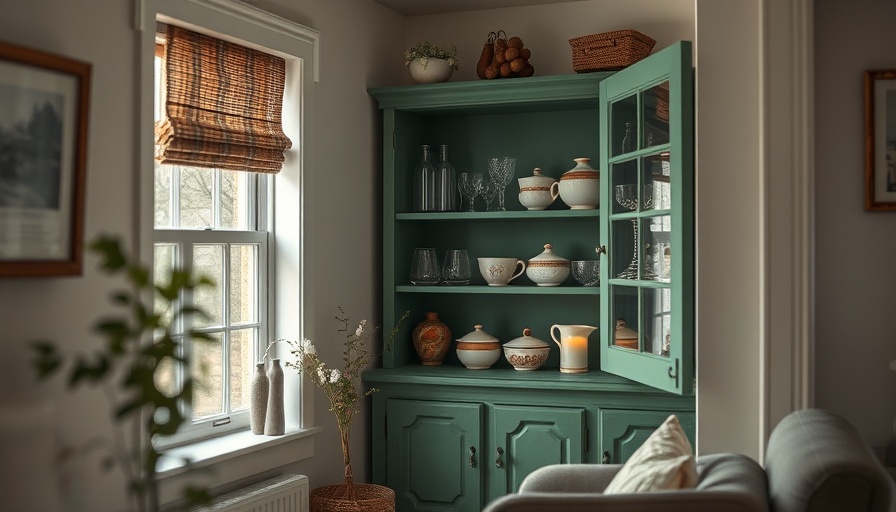 Organized tiny home storage with green cabinet and decor