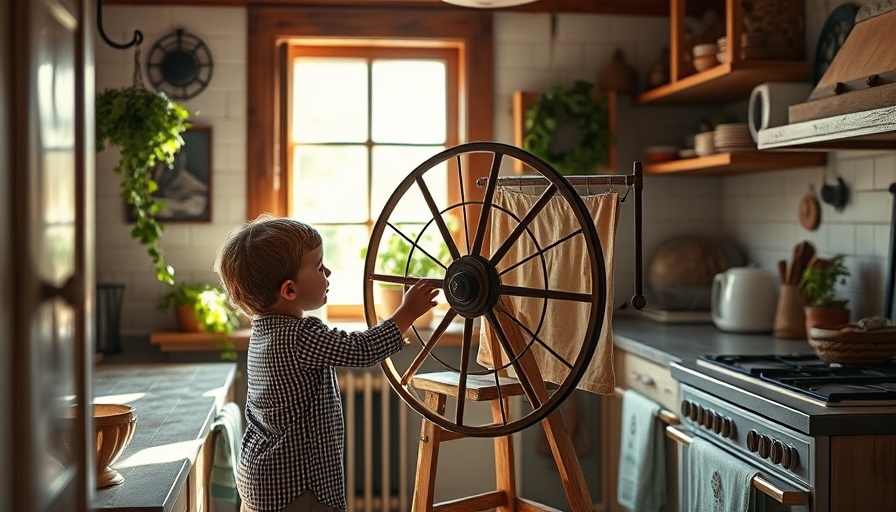 Child using an upcycled pulley laundry drying rack in a rustic kitchen.