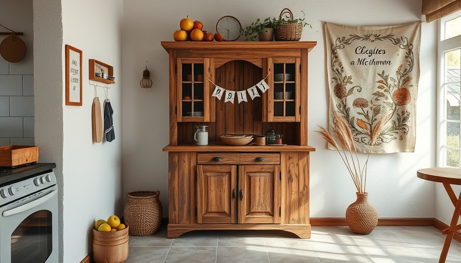Cozy kitchen corner with rustic wooden cabinet adorned with small decor, perfect for small space ideas.