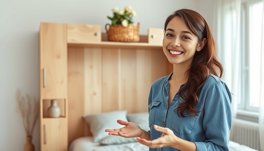 Young woman showing DIY Murphy Bed Cabinet in minimalistic room.