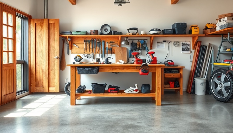 Organized garage storage systems with wooden workbench and tools
