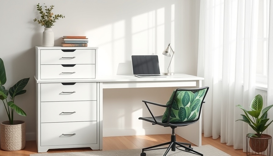 White DIY storage desk in home office with black chair and plant.