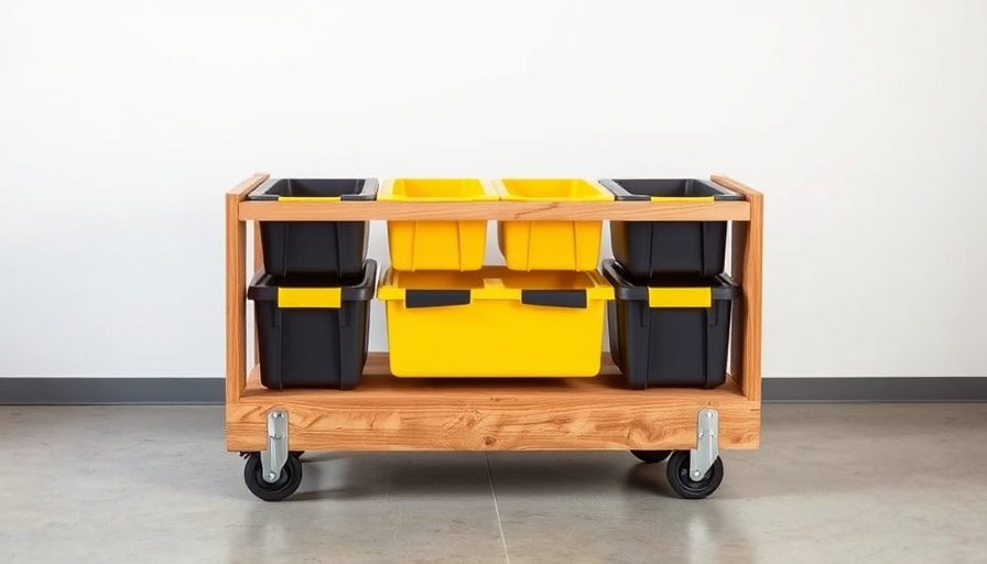 DIY Mobile Tote Storage Workbench with black and yellow bins.