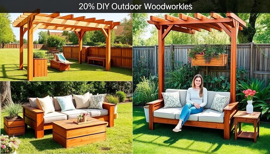 DIY Outdoor Woodworking Projects showcased in a garden setting.