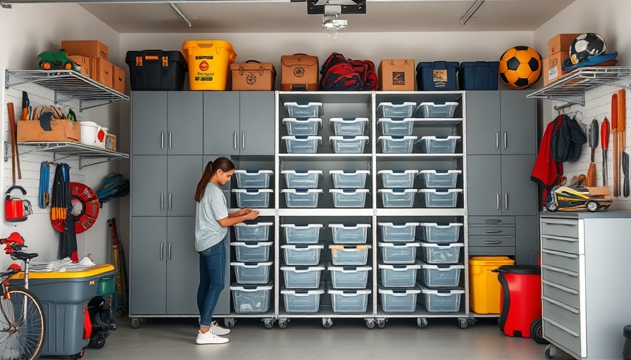 DIY garage storage cabinets with a woman organizing bins in a modern, tidy garage.