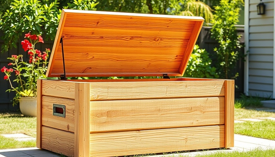 Natural wooden DIY outdoor storage box with open lid in a sunny yard.
