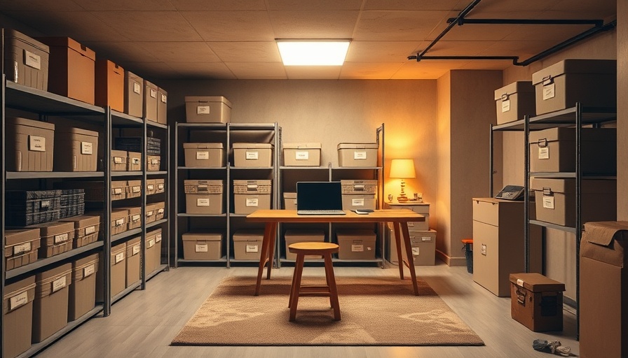 Basement organization ideas with labeled storage boxes and a desk area.