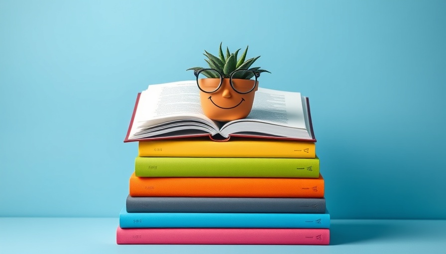 Organized book stack and smiling plant pot in minimalistic setting