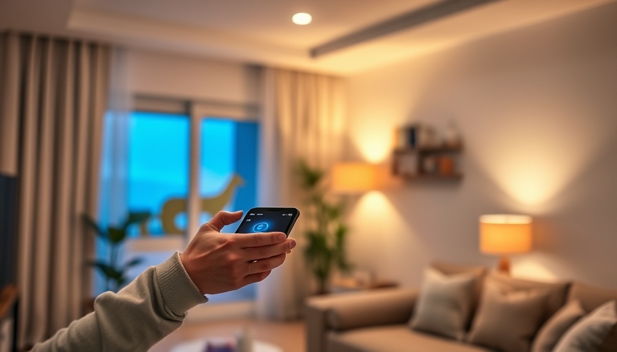 Young man using smartphone to control smart lighting in cozy room.