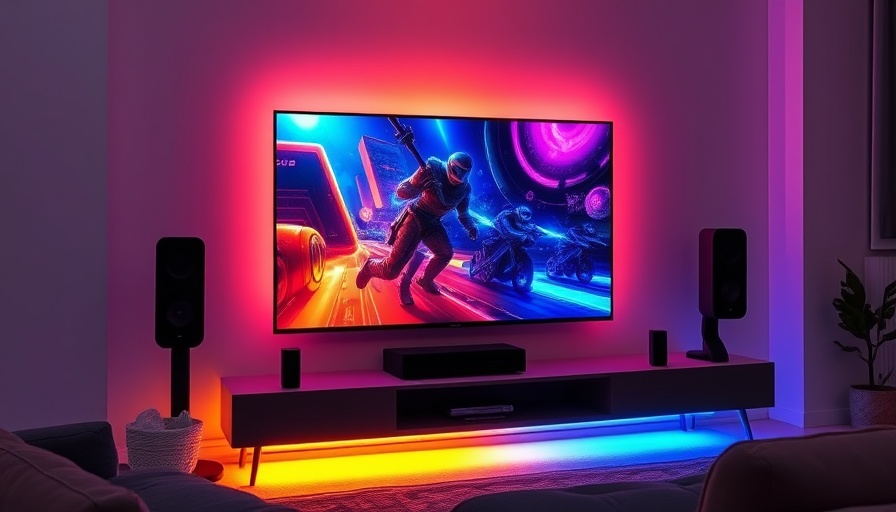 Smart home lighting enhances gaming setup with ambient colors.