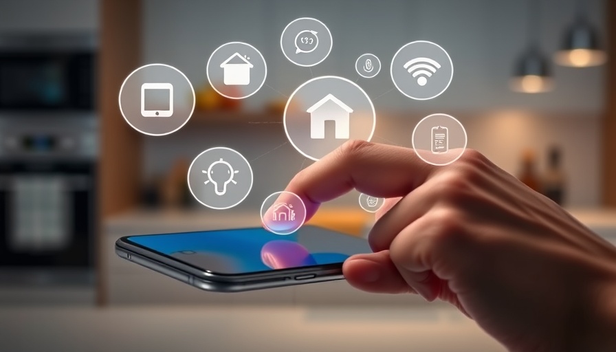 Hand using smart home app in kitchen for home automation.