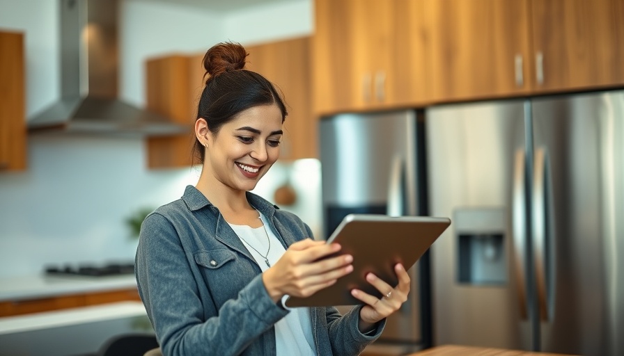 Woman with tablet in smart kitchen, engaging with smart home devices.