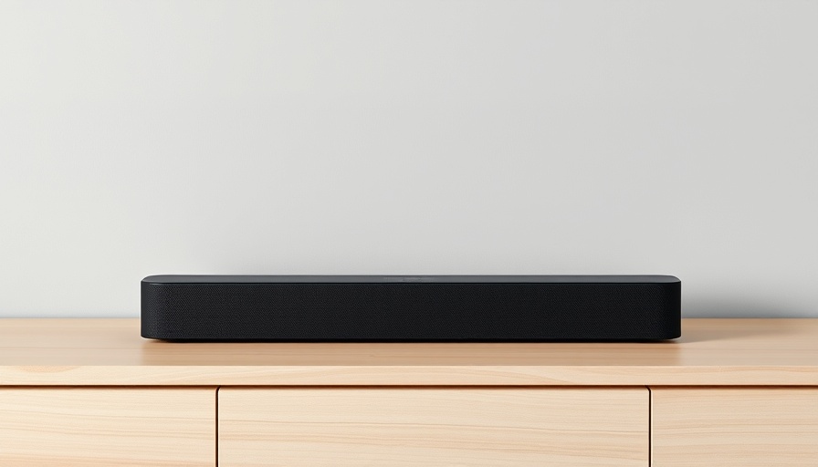 Black soundbar on light wood surface, guide for connecting to old TV.