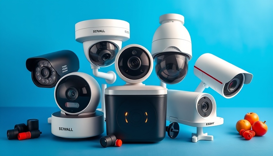 Assorted home security cameras on blue background.
