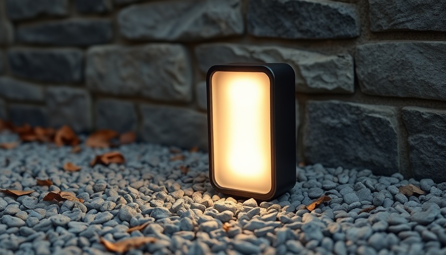 Sleek smart lighting fixture glowing on gray gravel outdoors.