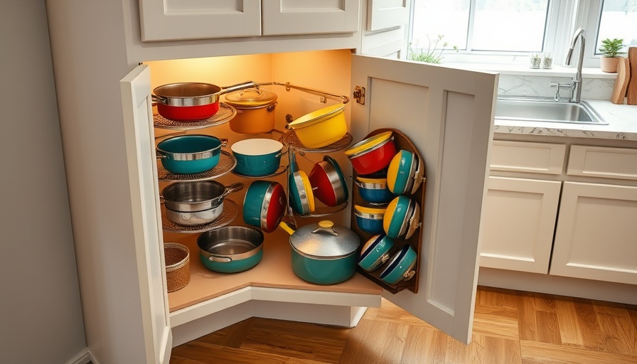 Lazy Susan kitchen storage with colorful pots and colanders.