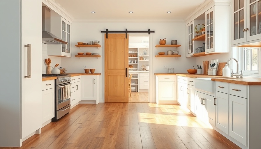 Farmhouse kitchen leading to pantry, showcasing organization.
