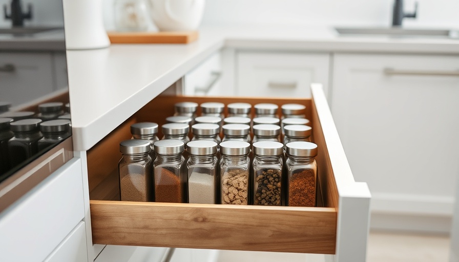 Neatly organized DIY spice drawer organizer in modern kitchen.